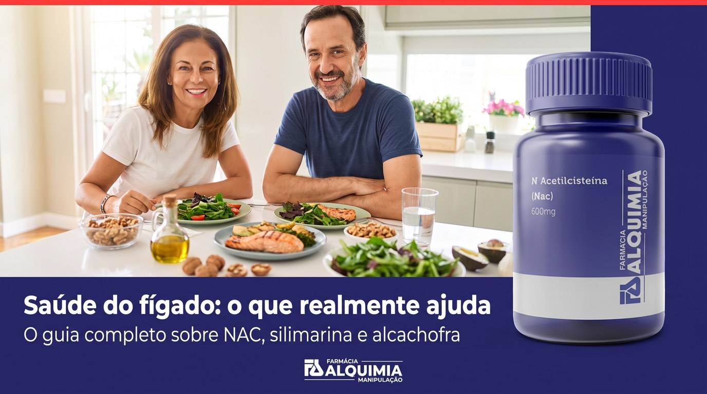 baker-12 Casal sorrindo em uma mesa com salada, salmão, azeite e nozes, ao lado do frasco de N Acetilcisteína (NAC) 600mg da Farmácia Alquimia
