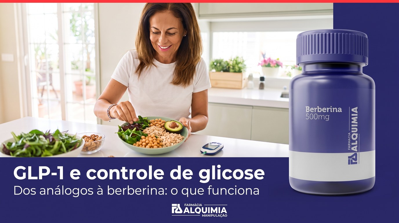 Mulher montando um prato saudável com um glicosímetro ao lado, junto do frasco de Berberina 500mg da Farmácia Alquimia